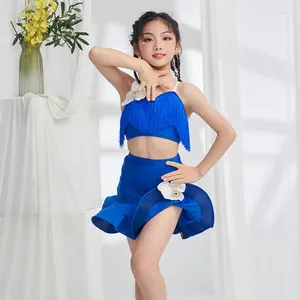 Stage Wear Girls Professional Latin Dancing Dresses Blue Fringed Top Skirt Competition Dance Dance Clothing SL8517