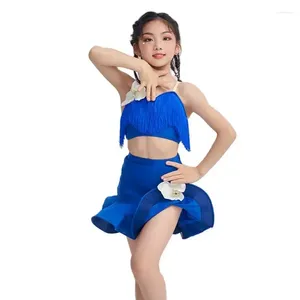 Stage Wear Girls Professional Latin Dancing -jurken Blue Fringed Top Rok Children's Competition Dance Clothing