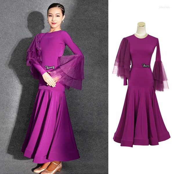 Stage Wear Filles Purple Ballroom Dance Robe Flare Manches Dos Nu Valse Costume Professionnel Tango Compétition VDB6899