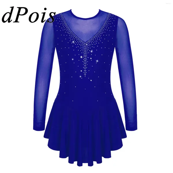 Stage Wear Girls Drinestone Figura de patinaje Vestido de patinaje de malla Mesh Ballet Ballet Leotardos Vestidos Performance Dancewear hielo