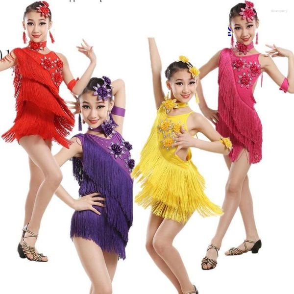 Desgaste de la etapa Niñas Lentejuelas Borlas Competencia Vestido de baile latino Trajes de fiesta Baile de salón moderno Disfraces para niños Ropa de baile