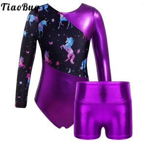 Stage Wear Filles Tie Dye Imprimer À Manches Longues Unitard Costume Ensemble Bronzant Tissu Vêtements De Gymnastique Body Combinaisons Ballet Justaucorps Dancewear