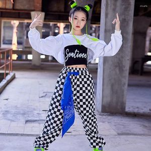 Stage Wear Filles Blanc Crop Tops Pantalon à carreaux Costume Jazz Dance Modern Rave Vêtements Salle de bal Hip Hop Performance Costumes DN13772