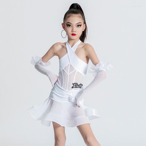 Stage Wear Filles Blanc Concours De Danse Latine Robe Sans Manches ChaCha Dancewear Été Pratique Rumba Samba Danse Vêtements DL10468