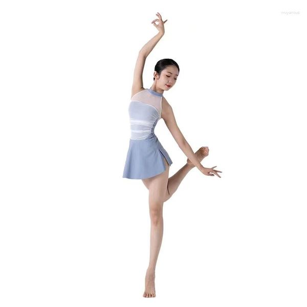 Stage Wear Filles Femmes Danse Justaucorps Gaze Col Roulé Ballet Body Mancherons Dos Ouvert Gymnastique Combinaison Rose Bleu Été Un Ensemble