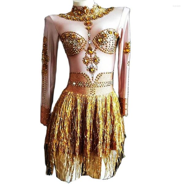 Stage Wear Glitter Gold Franges À Manches Longues Femmes Robes Brillant Diamants Courte Discothèque DJ Chanteur Performance Costume