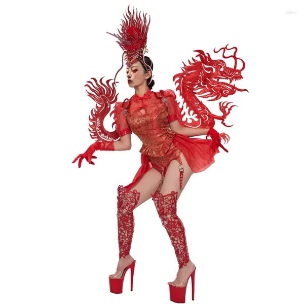 Stage Wear Gogo Dancer Vêtements Style chinois Épaule volante Cheongsam Singer Performance Robes Femmes Festival VDB7815