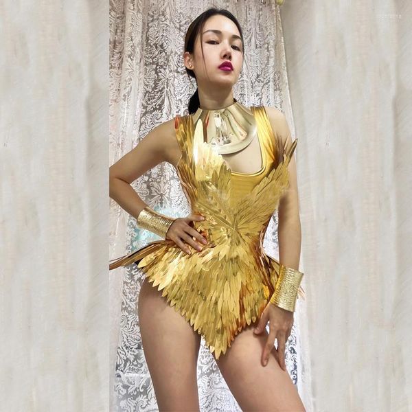 Stage Wear Gogo Dancer Costumes Gold Leaf Body Volant Taille Corset Femmes Pole Dance Vêtements Festival Vêtements Outfit XS5914