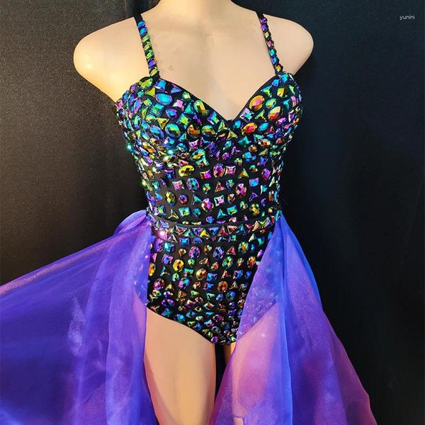 Wearging Gogo Dancer Rignestones Jumps Suit Purple Mesh Jupe Dance Dance Drag Show Show Ship Singer Performance Clothing Vdb7213
