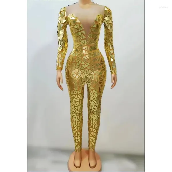 Stage Wear Gold Bleu Rouge Clignotant Plein Miroirs Manches Longues Transparent Combinaison Anniversaire Célébrer Costume Soirée Femmes Danse Body