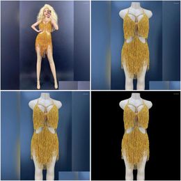 Stage Wear Gold Fringes Dance Costume Party Outfit Gland Body Soirée Anniversaire Spectacle Gogo Performance Robe Drop Delivery Vêtements Dhldj