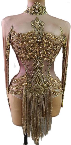 Stage Wear Gold Strass Bodys Femmes Frange Anniversaire Fête Brillant À Manches Longues Gland Danseuse Gogo DJ Sparkle Showgirl