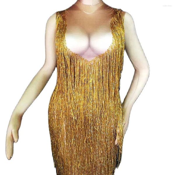 Robe longue à franges avec strass dorés, tenue de scène, sans manches, dos nu, fourchette fendue, Costume de danse pour dames, soirée