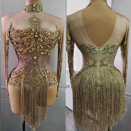 Stage Wear Gold Shining Steentjes Kwastje Bodysuits Vrouwen Sexy Lange Mouwen Nachtclub Prom Kleding Bar DJ Kostuums Rave Draagt