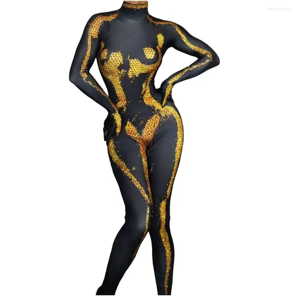 Stage Wear Gold Silver Strass Shinning Combinaisons Stretch Costume de danse Anniversaire Femmes Pole Forage Chanteur Groop Drag Bodys