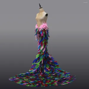 Stage Wear Prachtige Gevederde Jurk Veer Trailing Tail Cape Lange Prom Sjaal Modeshow Cosplay Kostuum