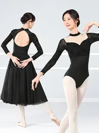 Stage Draag Grapevine Black Tuchard voor vrouwen met stretch kanten tanktop lange mouwen nylon spandex ballet kostuum open rug bodysuit sexy