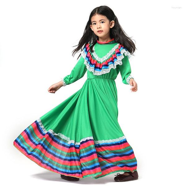 Stage Wear Couleur verte Filles mexicaines Robe de danse Espagnol Flamenco Dressing Enfants Fille École Performance Vêtements de danse XS-M