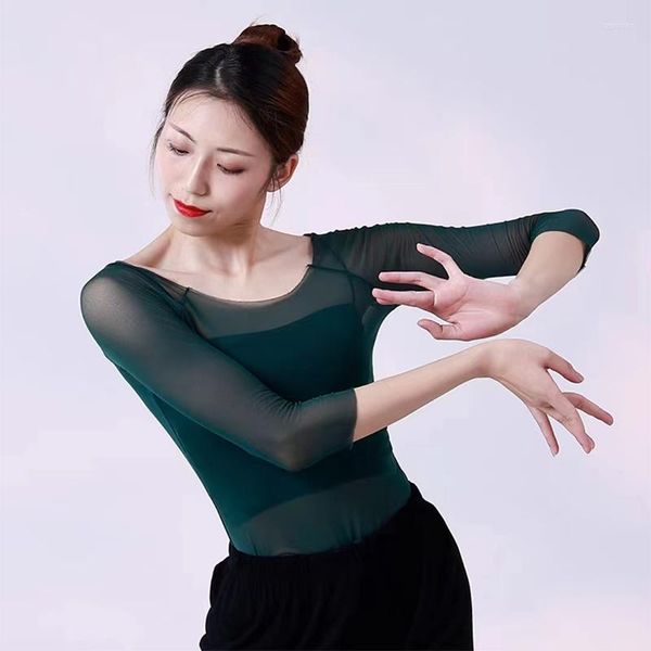 Vêtements de scène vert maille élastique dentelle à manches longues classique moderne danse de Ballet pratique justaucorps t-shirt voir à travers les hauts t-shirts