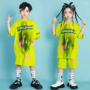 Stadiumkleding Groene Kpop-outfits Meisjes Jongens Hiphopdans Rave-kleding Jazzprestatieskostuums voor kinderen Losse fluorescerend