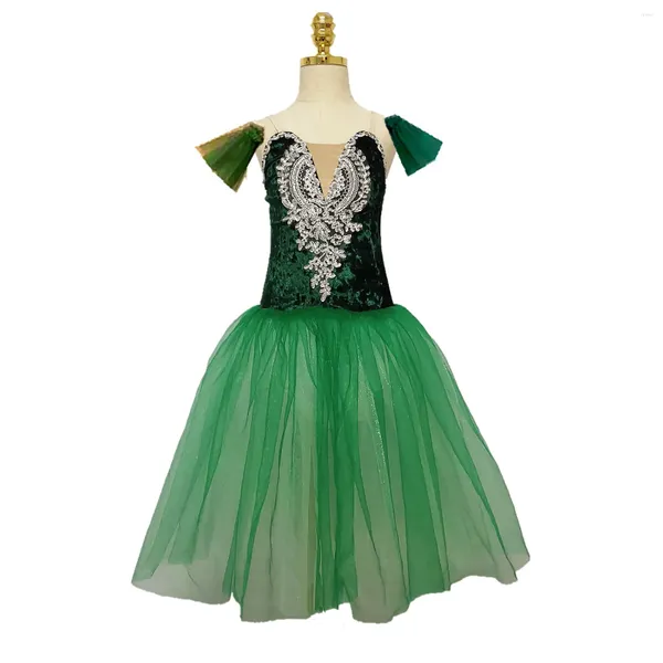 Stage Wear Robe longue verte pour femmes Ballet Tutu Jupe Velvet Tops Sling Filles Costume professionnel Robes