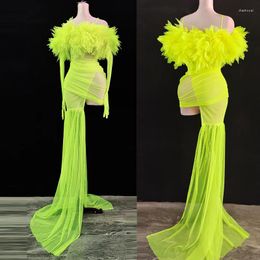 Stage Wear Green Mesh Flower Dress Sexy Transparant Long Train Birthdume Birthday Prom Vier Outfit Evening DJ Dance Show Kleding DN11804