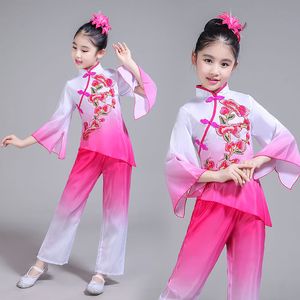 Vêtements de scène vert rose enfants Costume de danse nationale chinoise Yangko tenues tambour ventilateur parapluie vêtements pour
