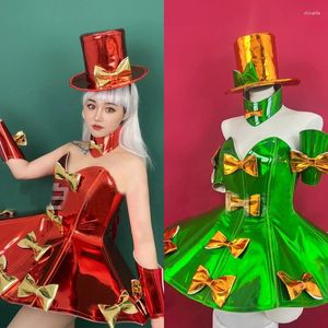 Stage Wear Vert Rouge Bow Tie Party Robe Chapeau Sexy Gogo Danseur Costumes Femmes Cosplay Festival Outfit Performance Rave Vêtements XS7276