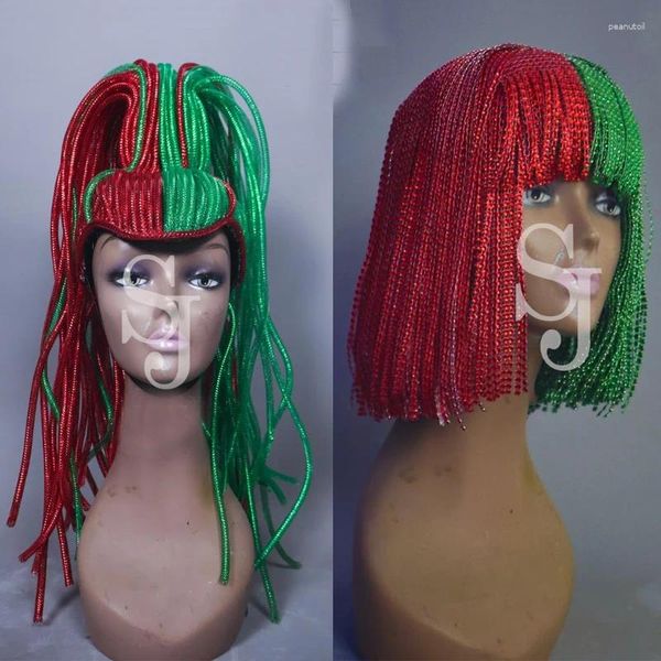 Etapa desgaste verde rojo cabeza ornamento mujeres pole dance headwear borlas cadena de cuentas pelucas rave outfit accesorios de rendimiento xs7517