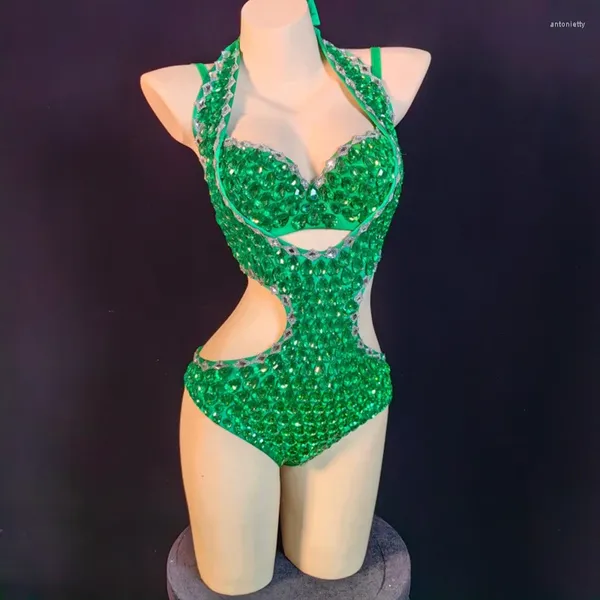 Vêtements de scène Body en strass vert pour femmes, Costume de danse pôle Sexy, vêtements de Performance Gogo, combinaison de chanteur, tenue Rave