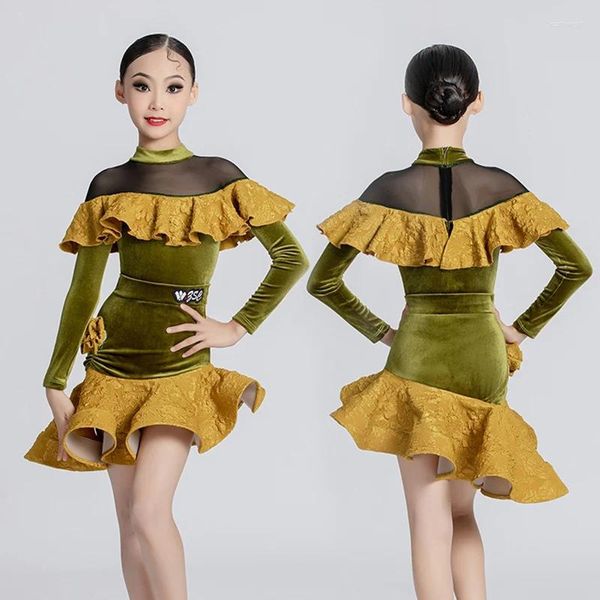 Ropa de escenario Terciopelo verde Ropa de baile latino Niñas Rendimiento Traje Body Falda ChaCha Samba Ropa Niños Práctica Traje VDB7659