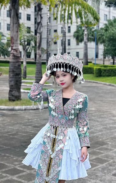 STATE Wear Green Women's Yunnan Ettnic Minority Miao Performance Internet Celebrity Celebry Skirt Sombrero