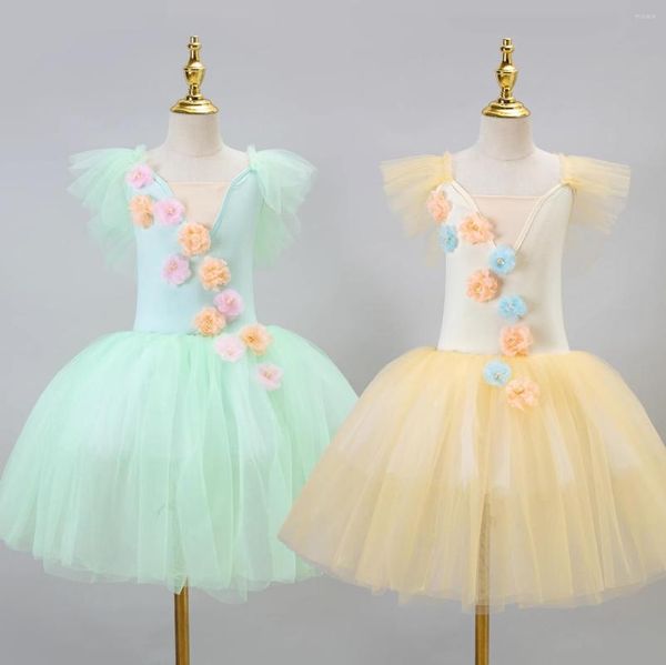 Desgaste de la etapa verde amarillo flores románticas tutú largo tul tutus vestido de ballet mujeres niñas bailarina fiesta niños traje de baile