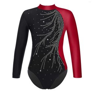 Stage Wear Costume de justaucorps de ballet de gymnastique pour enfants filles Dancewear col montant à manches longues brillant faux diamant orné combinaison de patinage sur glace