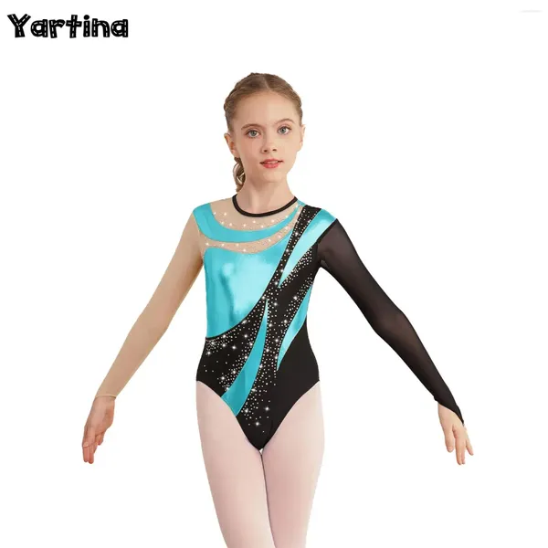 Stage Wear Gymnastics Jobsuit para patinaje artístico Ballet Ballet Dance Kids Girls Mesh Manga larga Licenciatura Back Back Dance Metálico Leotardas