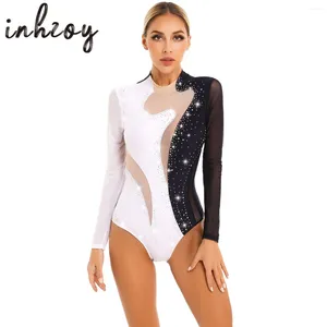 Stadium Slijtage Gymnastiek Turnpakje Vrouwen Strass Mesh Lange Mouw Ballet Acrobatiek Dans Bodysuit Figuur Schaatsen Jumpsuit Kostuums