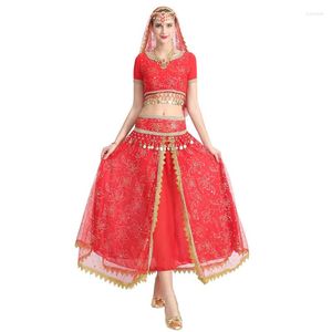 Vêtements de scène Halloween Danse de Noël Femmes Vêtements de ventre Ensemble Costumes Robe Bollywood (Ceinture supérieure Jupe Voile Casque)