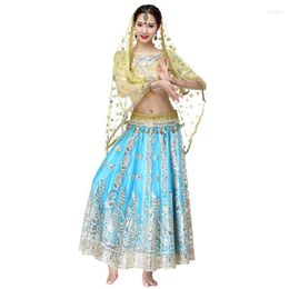 Stage Wear Halloween Christmas Women Belly Dance Outfits Handbeklaagde Bollywood-kostuum 4PCS Set (Top Belt Rok Sari)