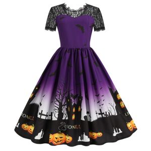 Stage Draag Halloween Dames kantronde ronde nek korte mouw gedrukte grote swing jurk