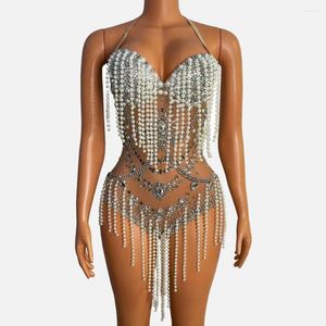 Stage Wear Halter Dos Nu Brillant Strass Perles Gland Sexy Bodys Pour Femmes Discothèque DJ Vêtements Chanteur Costumes