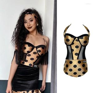 Stage Wear Halter Latin Dance Performance Tops Gold Polka Dots Body Femmes Pratique ChaCha Moderne Ballroom Danse Vêtements YS5265