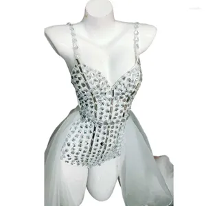 Vêtements de scène Couture à la main Strass blancs Body Trail Dance Outfit Bar Discothèque Chanteur Danseur Sexy DJ Performance Costume