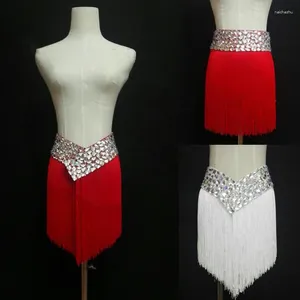 Stage Wear Jupe à franges à diamants cousus à la main Rouge Blanc Jupes latines Discothèque Bar Taeels Outfit Femmes Costume de danse XS4519