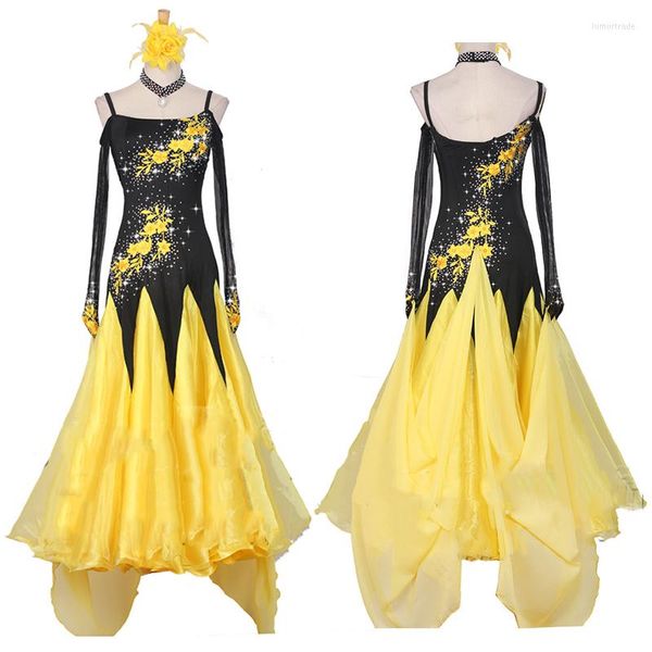 Stage Wear Ballroom Dance Competition Vestido Mujeres Representación de Cristal Negro Amarillo Big Falda Tango de manga larga