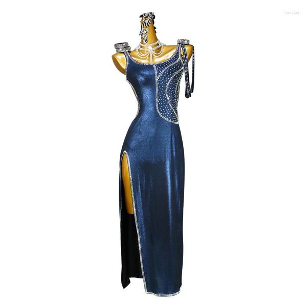 Vêtements de scène haut de gamme personnalisé robe de danse latine femme diamant bleu haute fente Cha-cha Tango Costume Costumes pour adultes