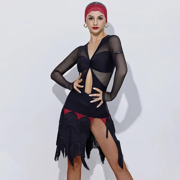 Stage Wear Robe de compétition de danse latine haut de gamme pour femmes Sexy Body à manches en maille Jupes fendues Costume Costumes Chacha pour adultes