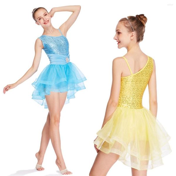 Stage Wear High-Low Tiers Tutu Jupe Une Épaule Conception Super Large Diamant Plissée Ceinture Robe Ballarina Costumes De Danse Pour Les Filles