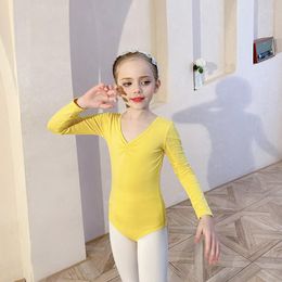 Abbigliamento da palcoscenico Consegna veloce di alta qualità Bambini Ragazze Bambini Carino manica lunga in cotone spandex giallo danza body balletto