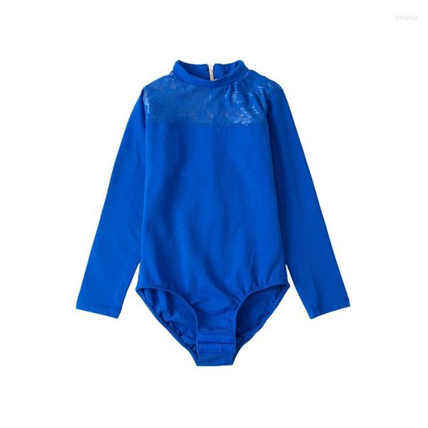 Vêtements de scène haute qualité enfants filles col montant coton Spandex manches longues danse de Ballet justaucorps bleu Royal