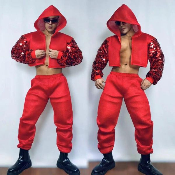 Stage Wear Vêtements Hip Hop pour adultes Male Clubwear Paillettes rouges Tops Pantalons Street Dance Costume Bar Gogo Dancer Performance Vêtements VDB7992